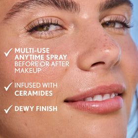 COVERGIRL model spritzing face to show refreshing, dewy finish benefit