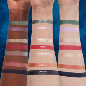 COVERGIRL arm swatches showing eyeshadow and highlighter shades and wearable intensity