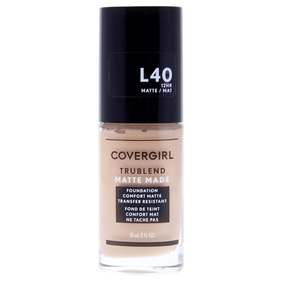 COVERGIRL front bottle of TruBlend Matte Made in Classic Ivory showing packaging and shade match benefit