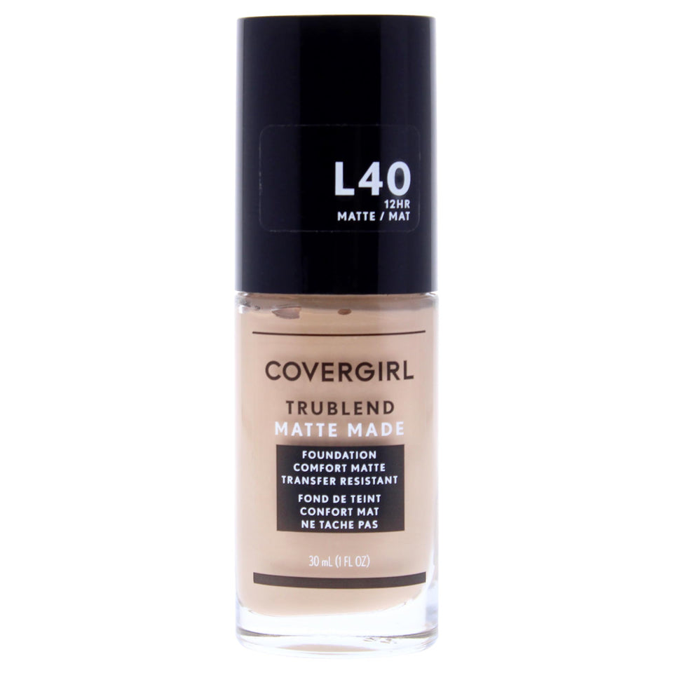 COVERGIRL front bottle of TruBlend Matte Made in Classic Ivory showing packaging and shade match benefit