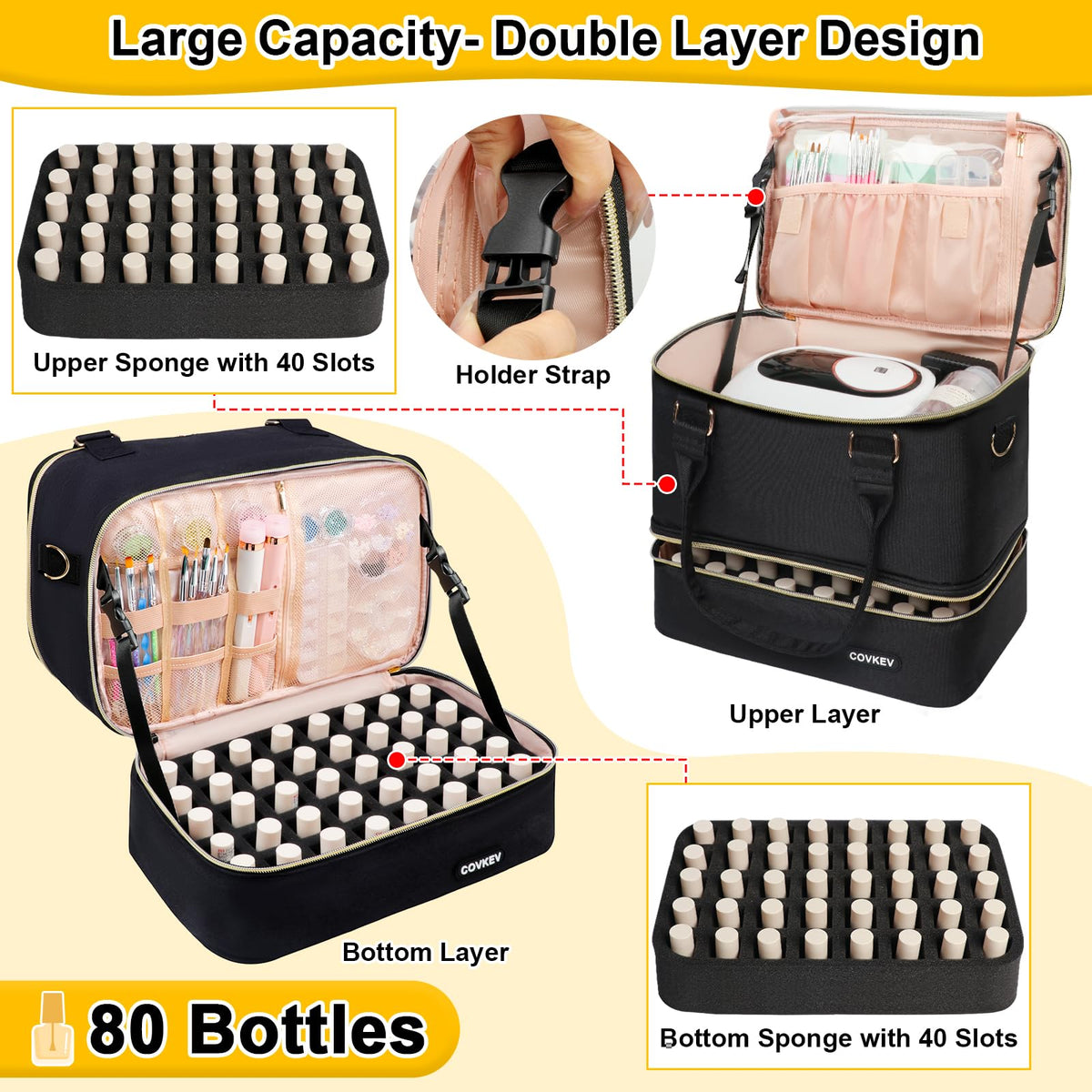 Covkev open top layer displaying bottle slots and quick access benefit
