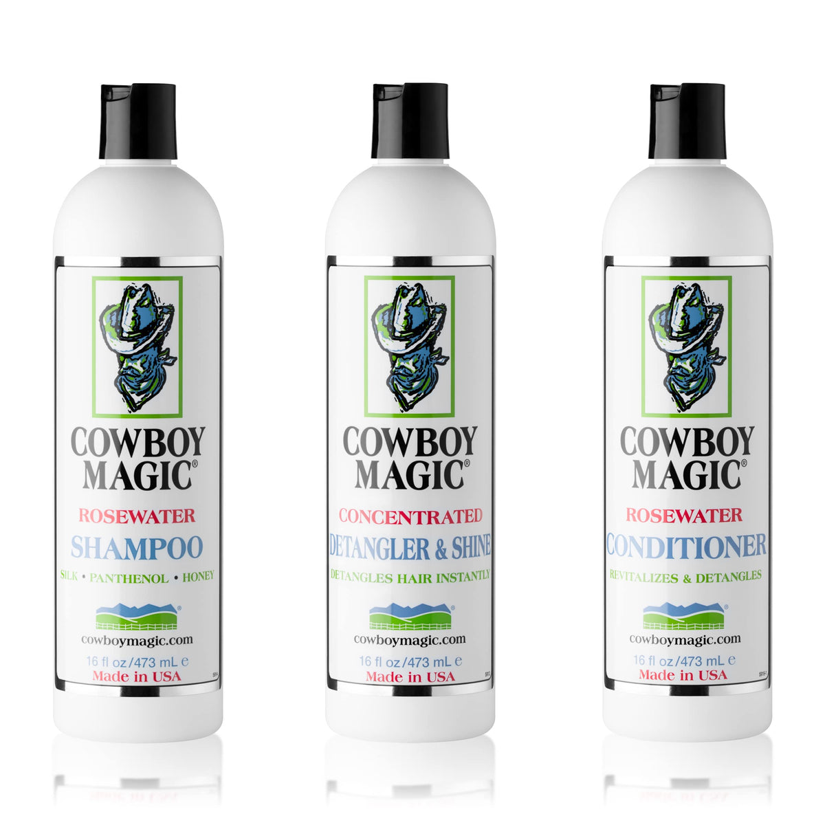 Cowboy Magic front packaging trio showing 16 oz bottles and product benefits