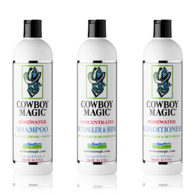 Cowboy Magic front packaging trio showing 16 oz bottles and product benefits