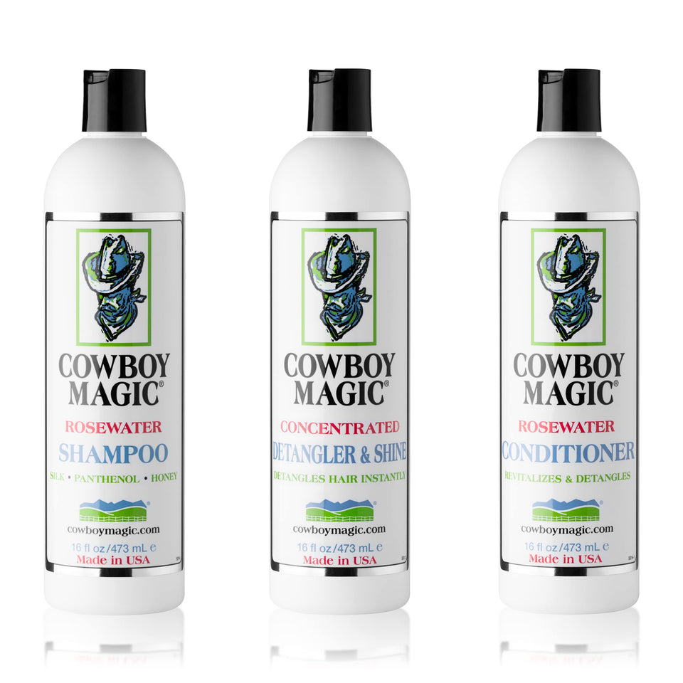 Cowboy Magic front packaging trio showing 16 oz bottles and product benefits