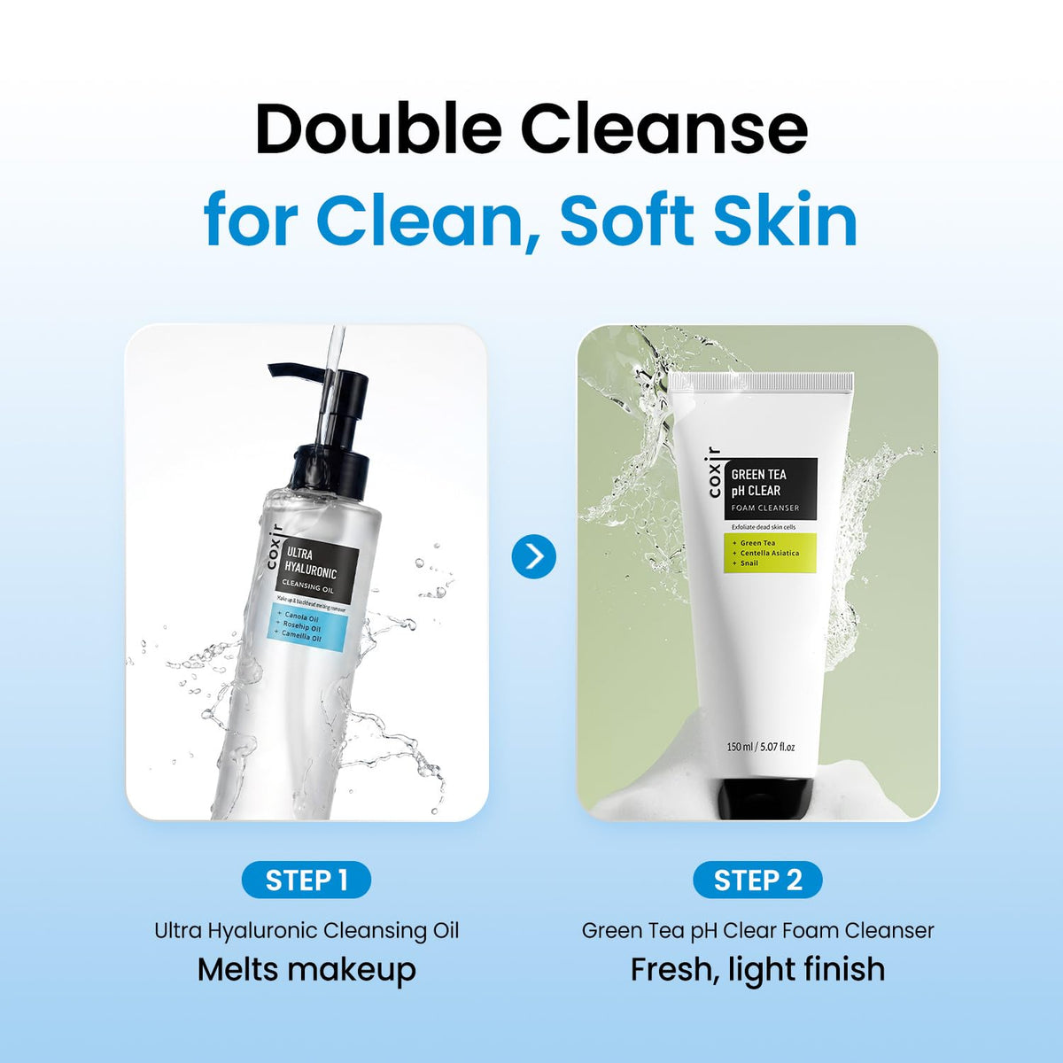 coxir size scale bottle next to hand illustrating 150ml travel-friendly benefit