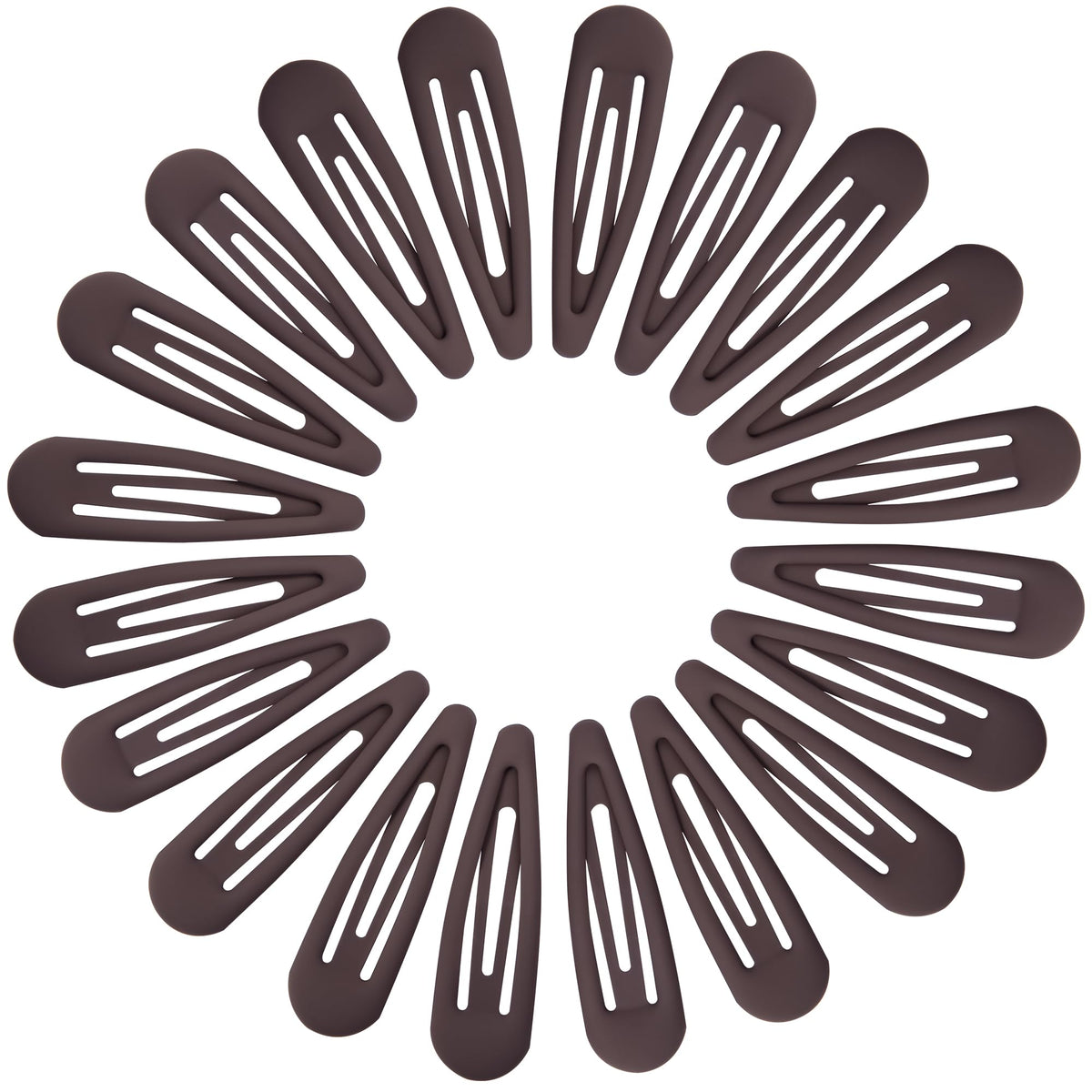 Cptots front view of 20-pack matte dark brown clips, neat storage benefit