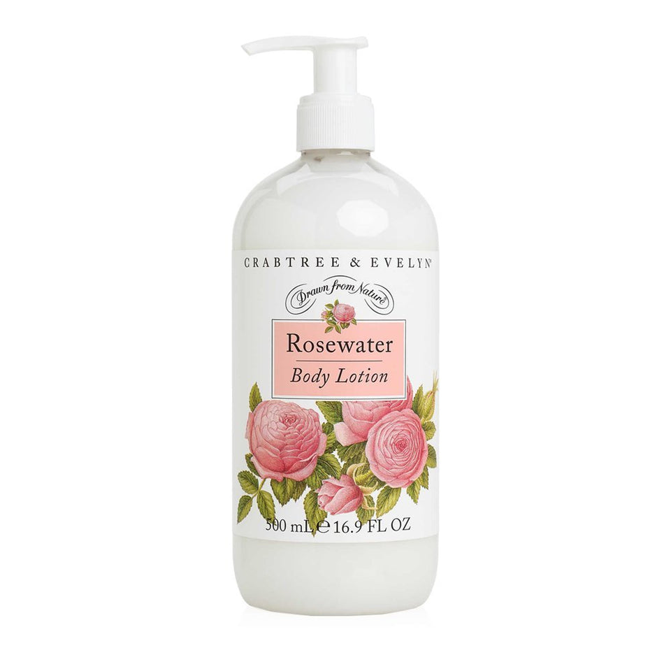 Crabtree & Evelyn bottle front view showing rosewater label and elegant design for daily luxury
