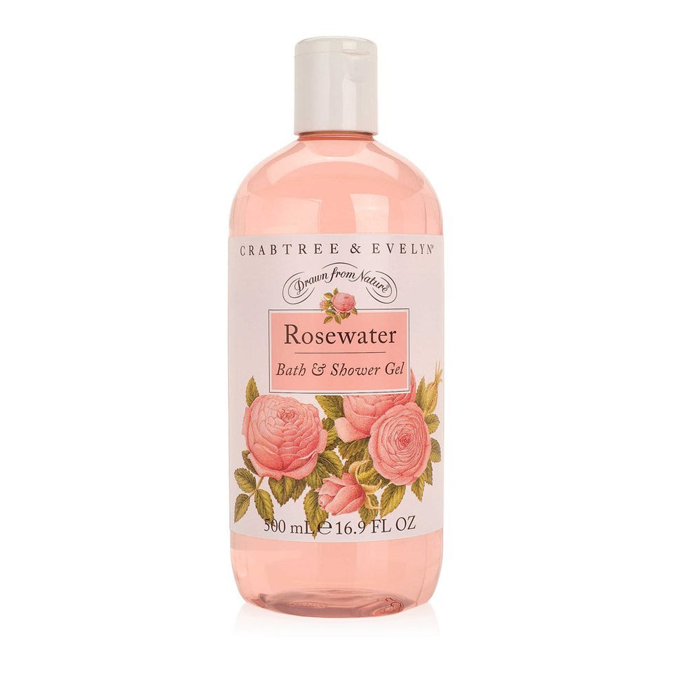 Crabtree & Evelyn front bottle showing rosewater label and elegant shape for luxurious cleanse