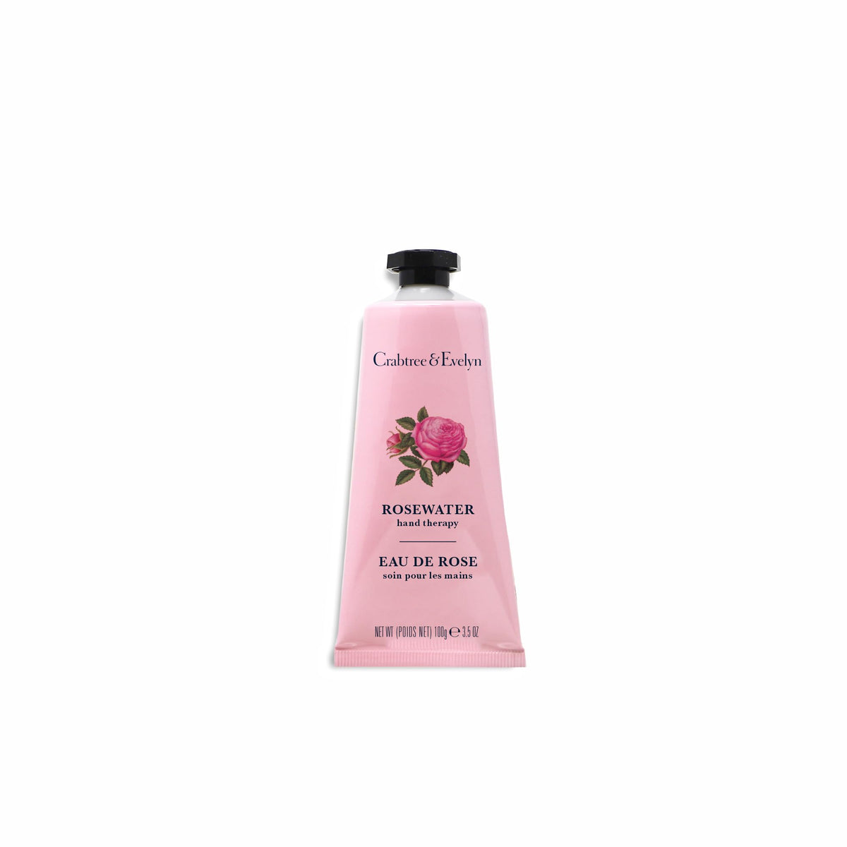 Crabtree & Evelyn front tube of Rosewater Hand Therapy Cream showing packaging and portability benefit