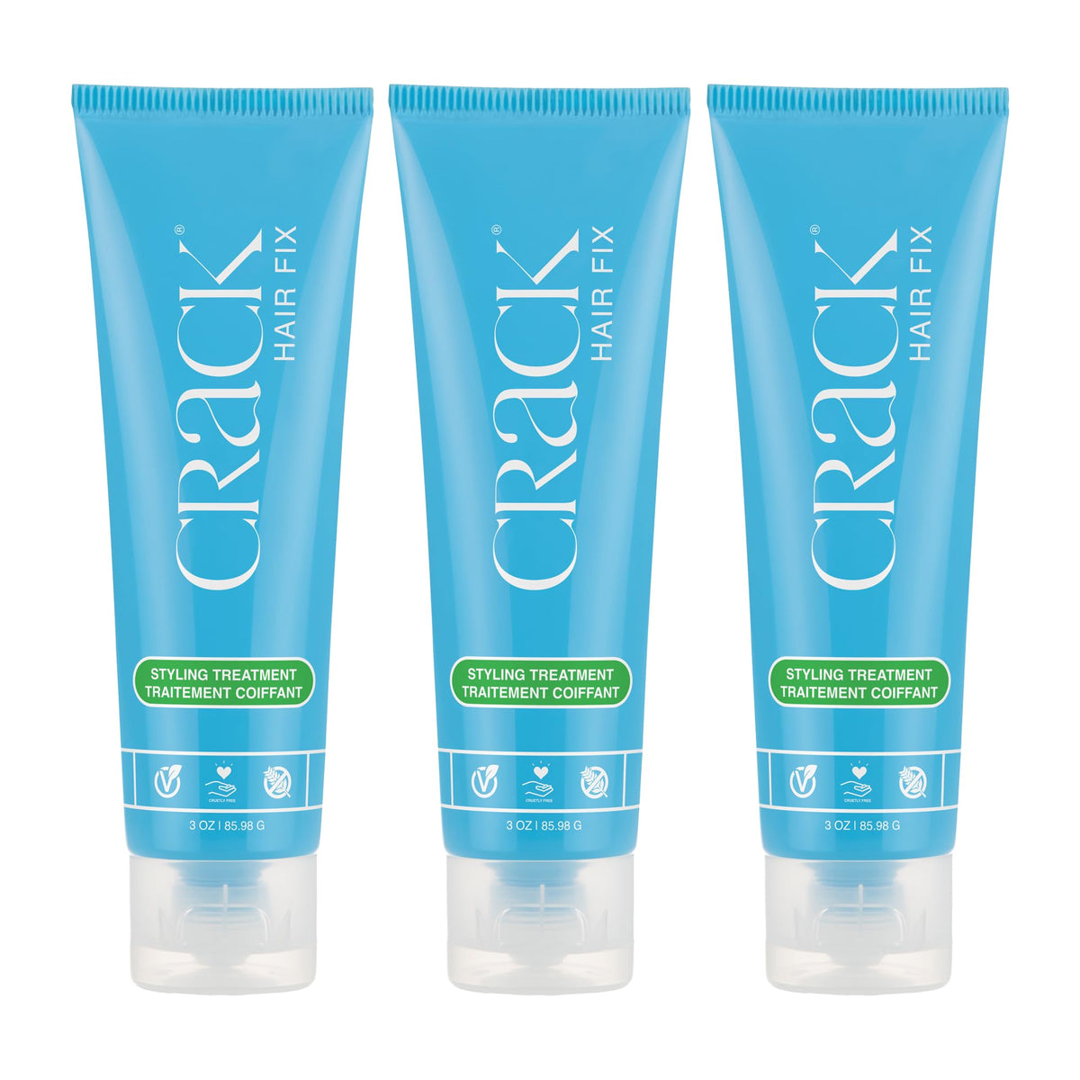 Crack front packaging showing three 3 oz tubs and clear product benefits