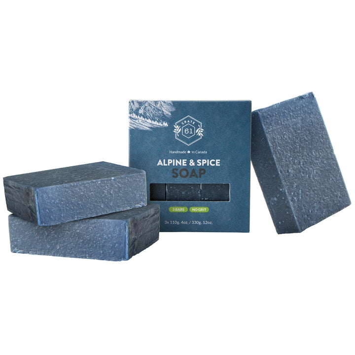 Crate 61 Organics front packaging showing three Alpine & Spice bars and eco wrap