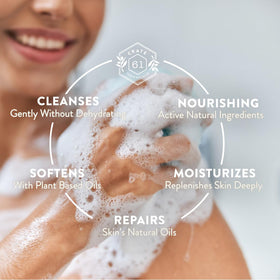 Crate 61 Organics soap lather in hands showing creamy foam and gentle cleansing benefit