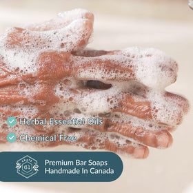 Crate 61 Organics rich lather in hand from coconut bar demonstrating gentle cleansing and moisturizing benefit