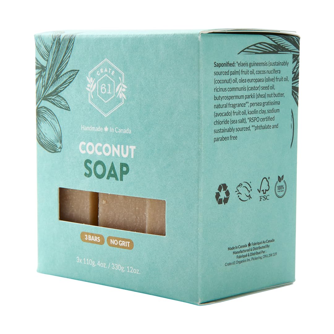 Crate 61 Organics coconut soap texture closeup showing creamy surface and kaolin clay benefit