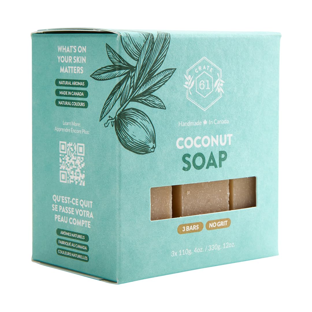 Crate 61 Organics unwrapped coconut soap bar revealing natural color and handmade edges for artisanal feel