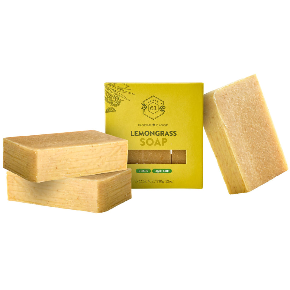Crate 61 Organics front-packaging showing three lemongrass bars and eco kraft wrap