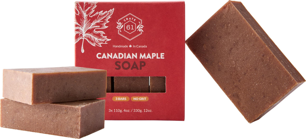 Crate 61 front packaging showing handmade Canadian maple bar and benefit of natural ingredients