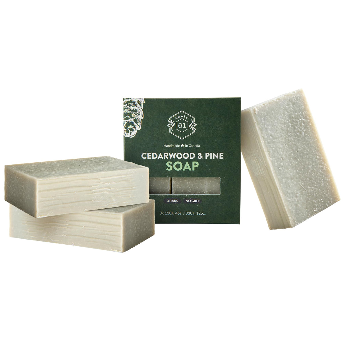 Crate 61 Organics front packaging showing three cedarwood pine bars and branding benefits