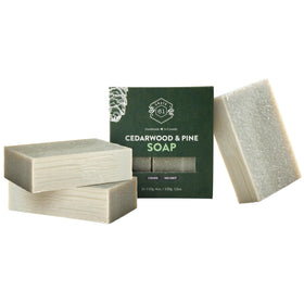 Crate 61 Organics front packaging showing three cedarwood pine bars and branding benefits
