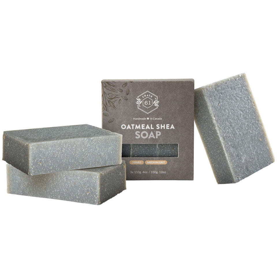 Crate 61 Organics front packaging showing three unscented oatmeal shea bars and recyclable benefits