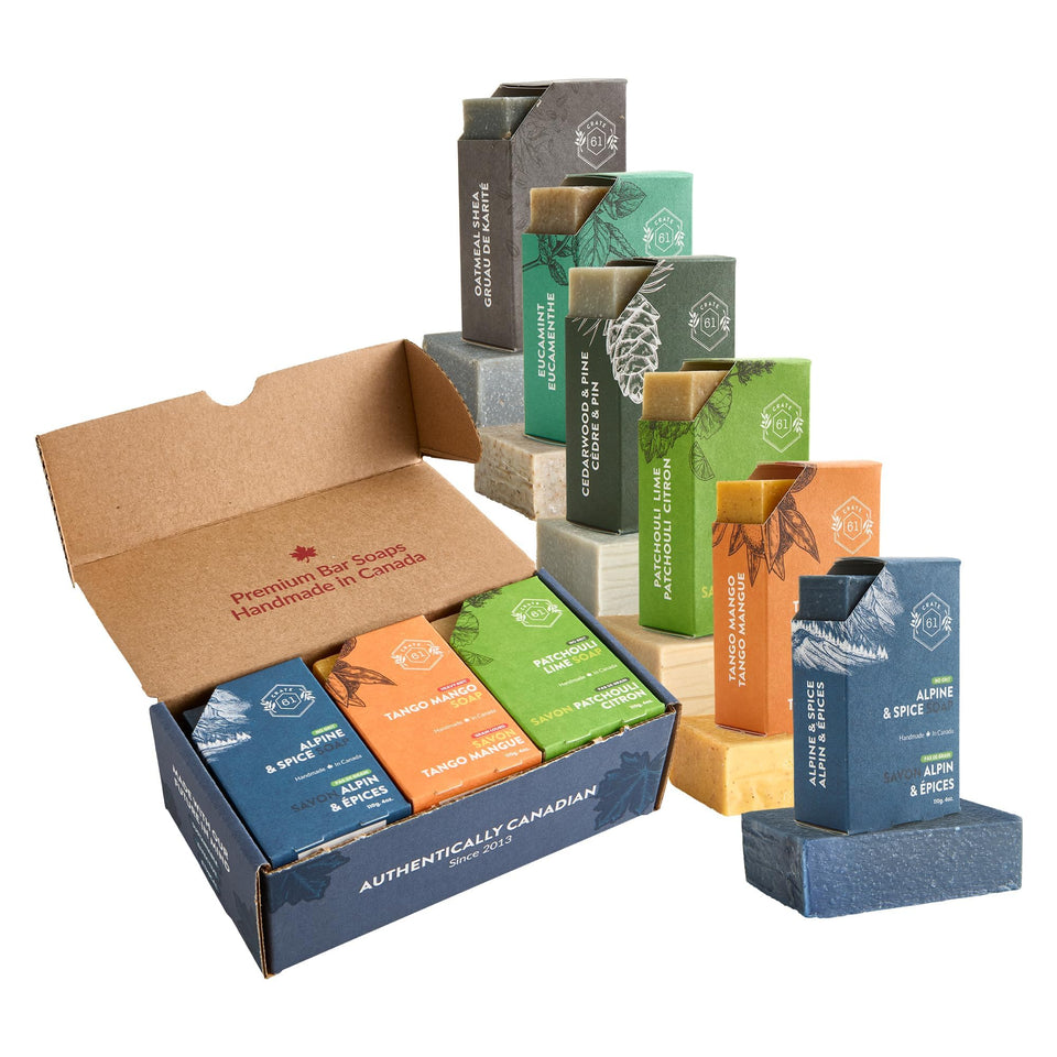 Crate 61 Organics front packaging showing six wrapped bars and sustainable branding for eco-friendly choice