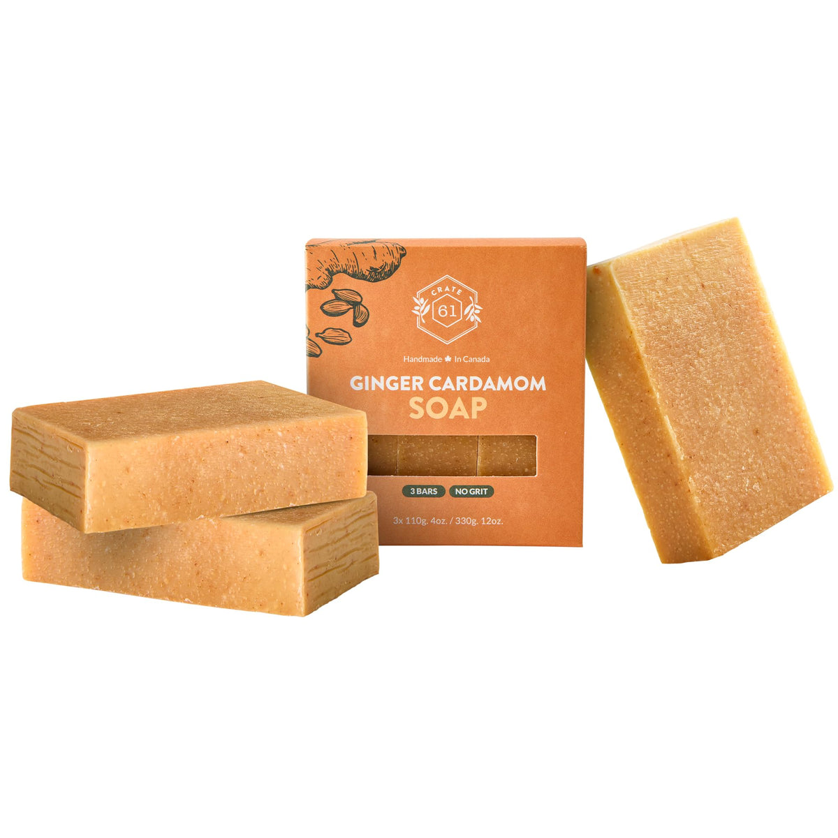 Crate 61 Organics front packaging showing ginger cardamom scent and recyclable benefit