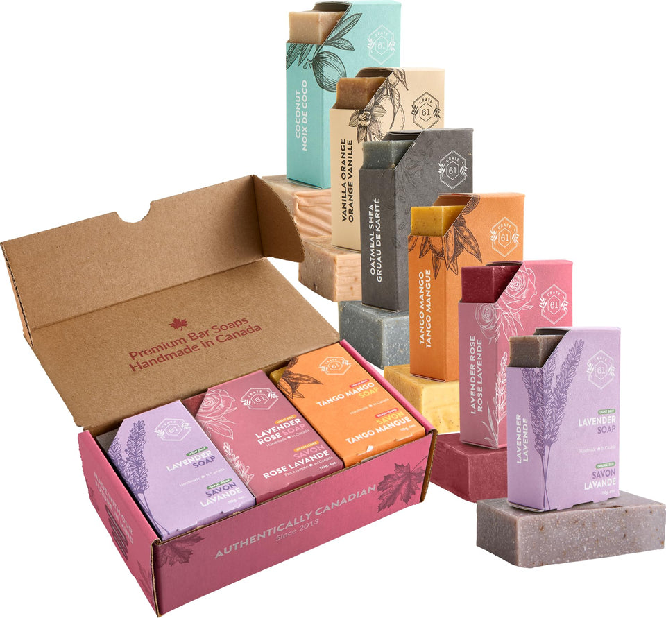 Crate 61 Organics front packaging showing six eco-friendly wrapped bars and sustainable benefit