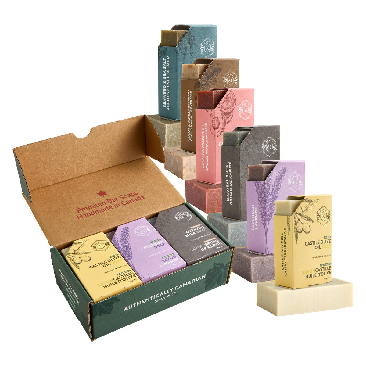 Crate 61 Organics front packaging showing six wrapped bars and natural branding for eco appeal