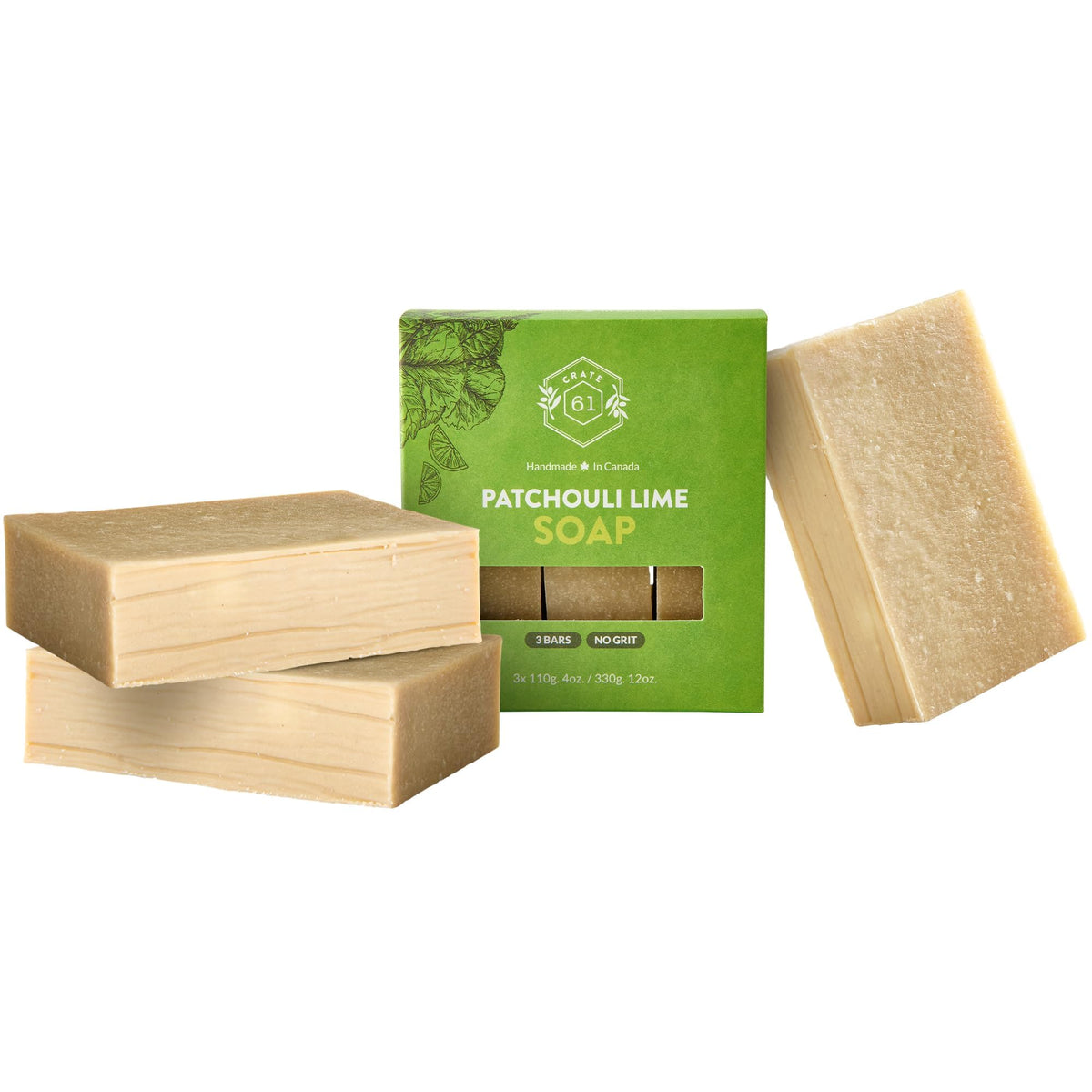 Crate 61 Organics front packaging showing patchouli lime three-pack, eco-friendly benefit