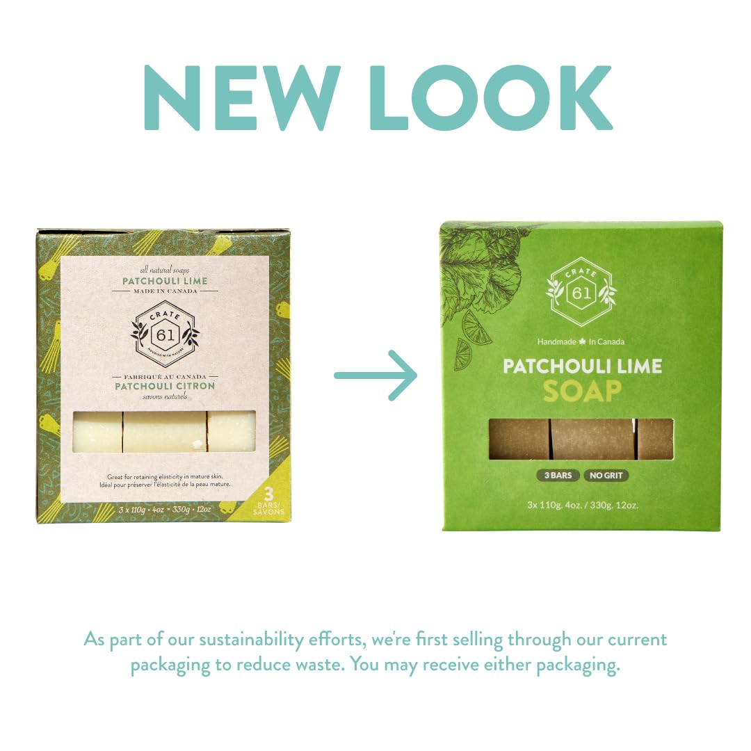 Crate 61 Organics bar beside a lime and patchouli leaf for scale and scent cues