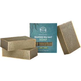 Crate 61 Organics front packaging showing three seaweed soap bars and recycled kraft wrap for eco benefit