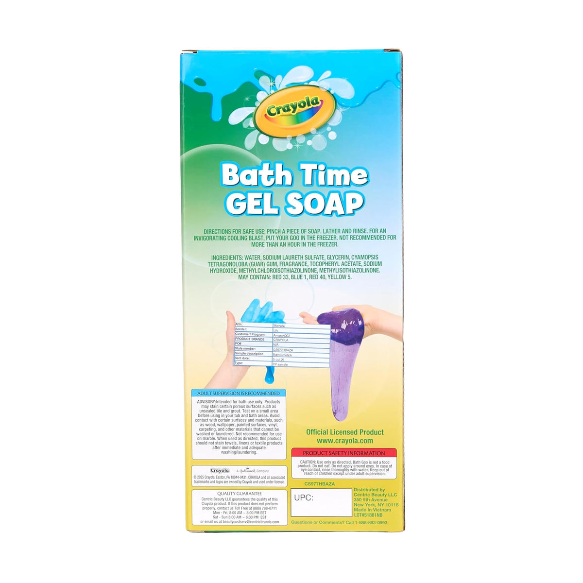 Crayola bath slime lids and labels detail highlighting brand safety and instructions