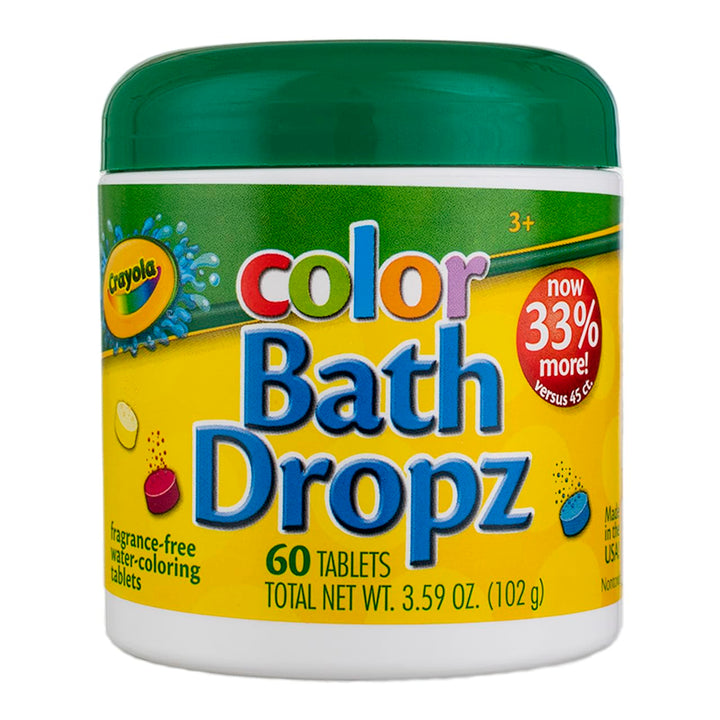Crayola front packaging showing colorful bath tablet containers and quantity
