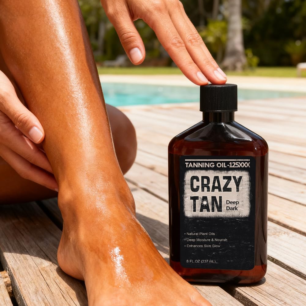 Crazytan bottle next to sunscreen in a beach bag, suggesting layering for sun safety