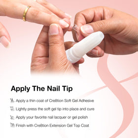 Cre8tion Extend Gel being applied to a soft gel tip showing precise placement and secure bond