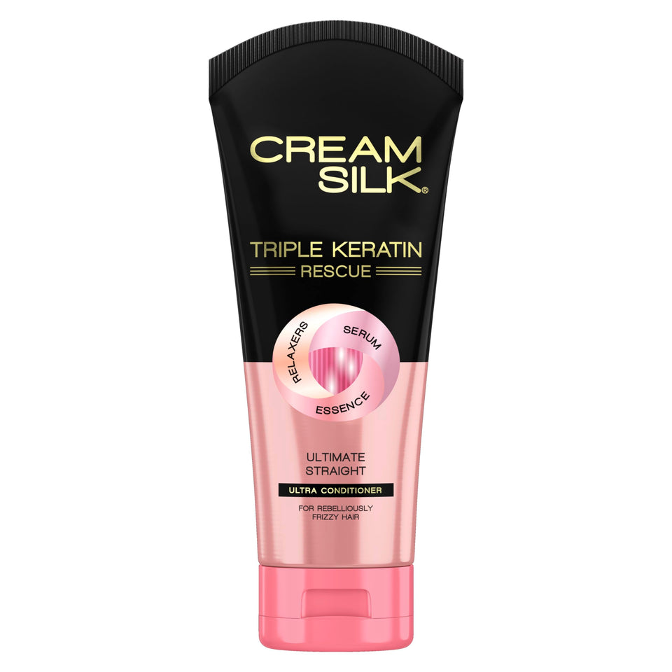 Cream Silk front packaging showing bottle and Ultimate Straight benefits for smoother hair