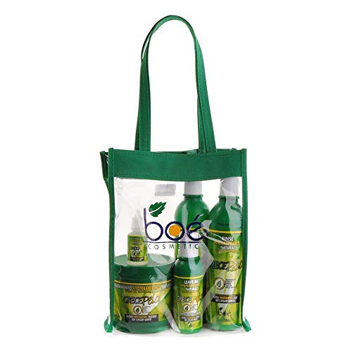 Crece Pelo BOE tote with all five products displayed for routine convenience