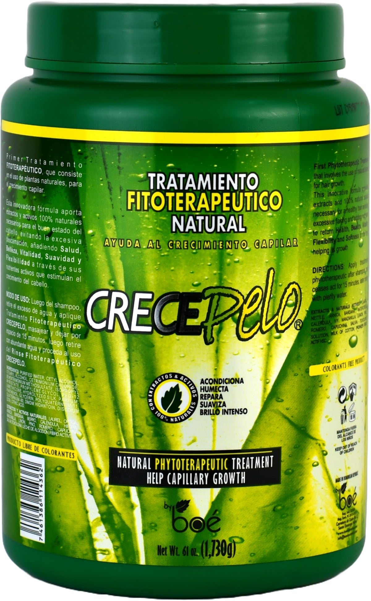 Crece Pelo jar front label showing brand and product benefits