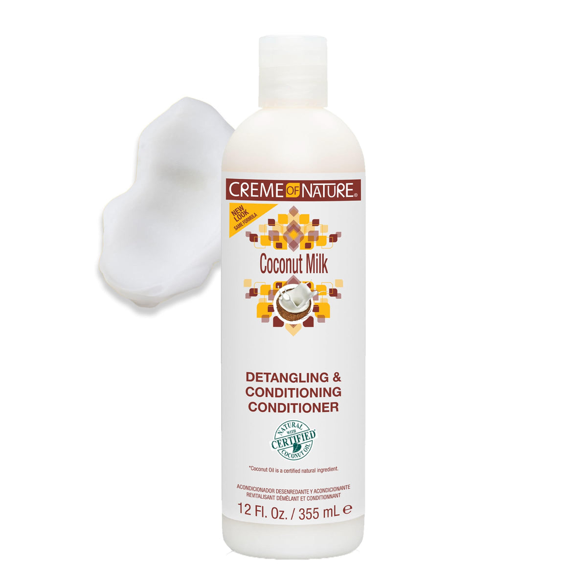 Creme of Nature label close-up highlighting coconut oil and moisturizing benefits