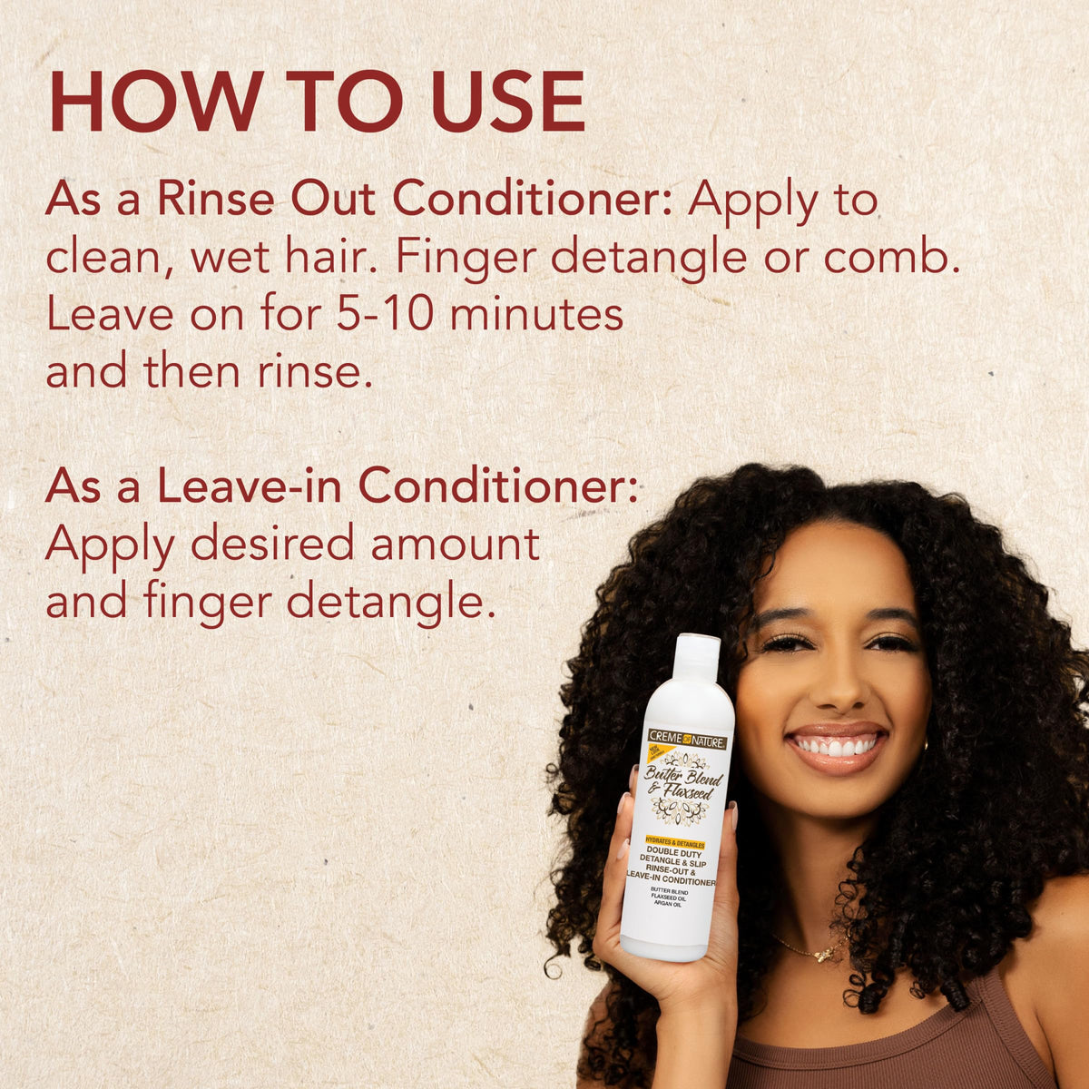 Creme of Nature label with flaxseed and argan oil callouts for nourishing benefits