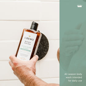 Cremo close-up of pump and label highlighting scent and rich lather