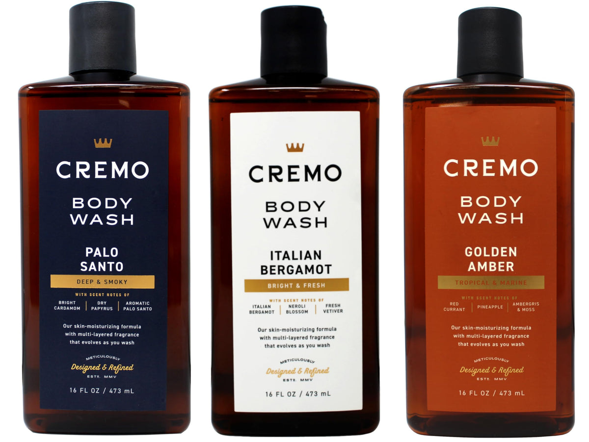 Cremo front packaging showing three 16 oz bottles and scent variety for gifting