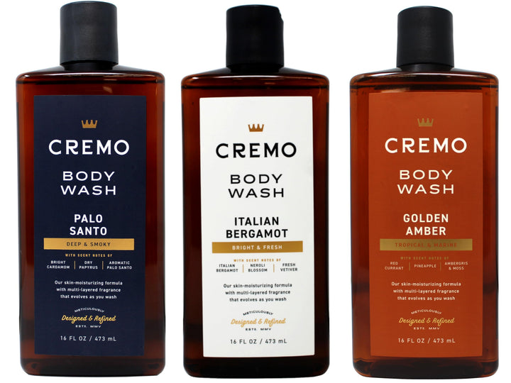 Cremo front packaging showing three 16 oz bottles and scent variety for gifting