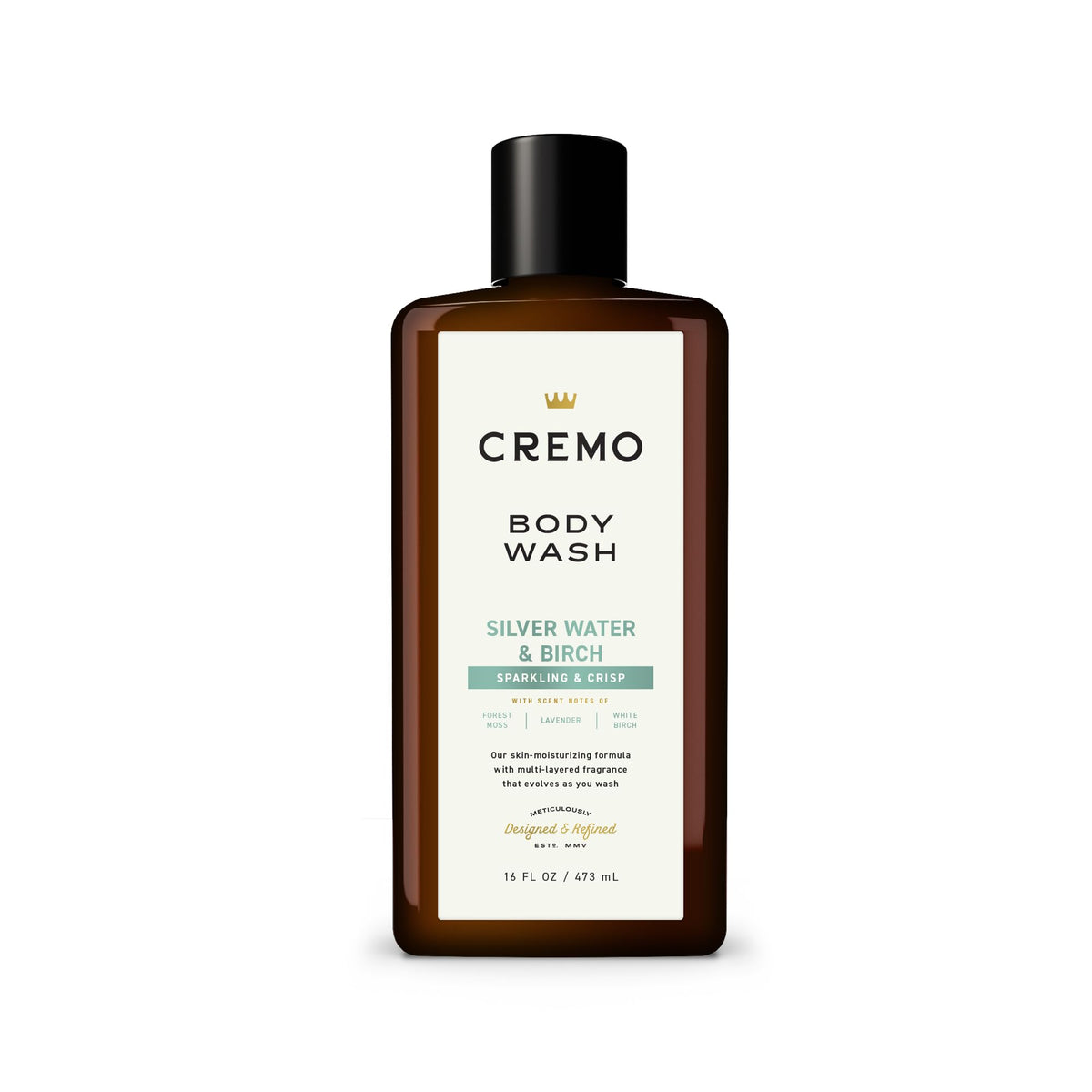 Cremo bottle front view showing Silver Water & Birch fragrance and benefits