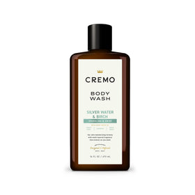 Cremo bottle front view showing Silver Water & Birch fragrance and benefits