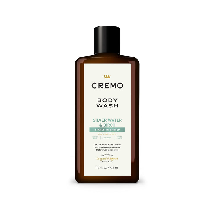 Cremo bottle front view showing Silver Water & Birch fragrance and benefits