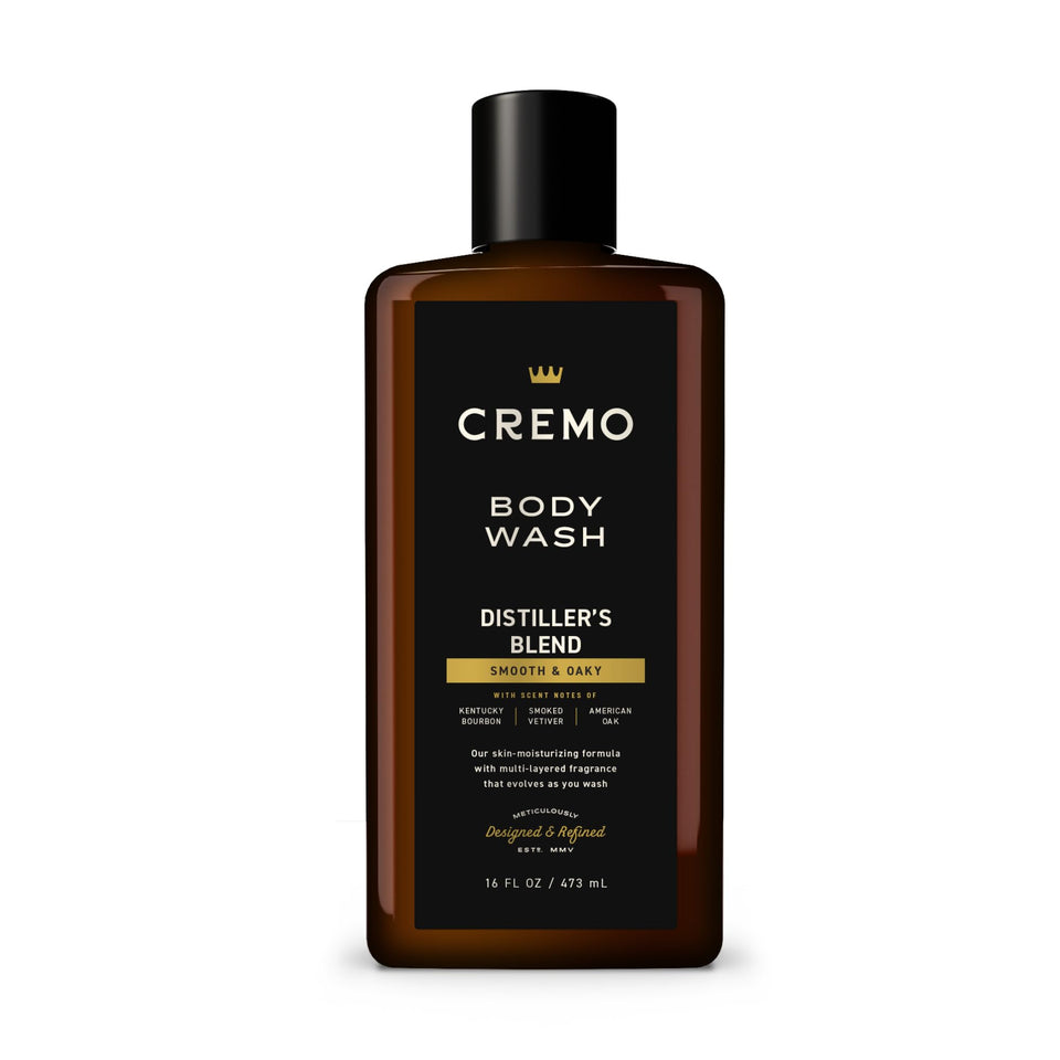 Cremo front bottle view showing label and sophisticated bourbon scent benefit