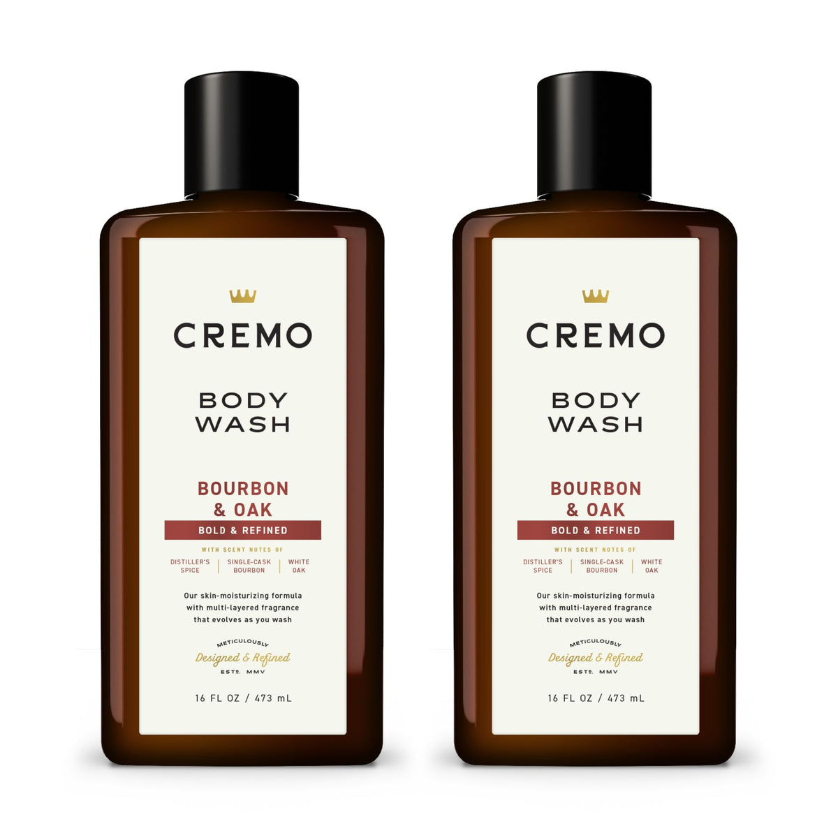 Cremo bottle front showing label and bourbon oak scent for premium appeal