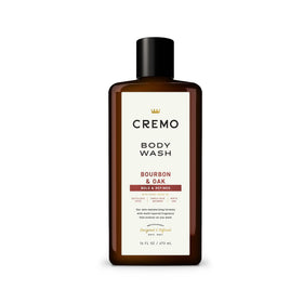 Cremo front label showing Bourbon & Oak scent and bottle benefits