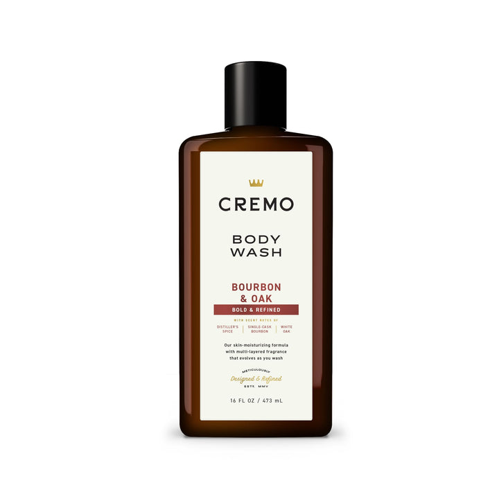 Cremo front label showing Bourbon & Oak scent and bottle benefits